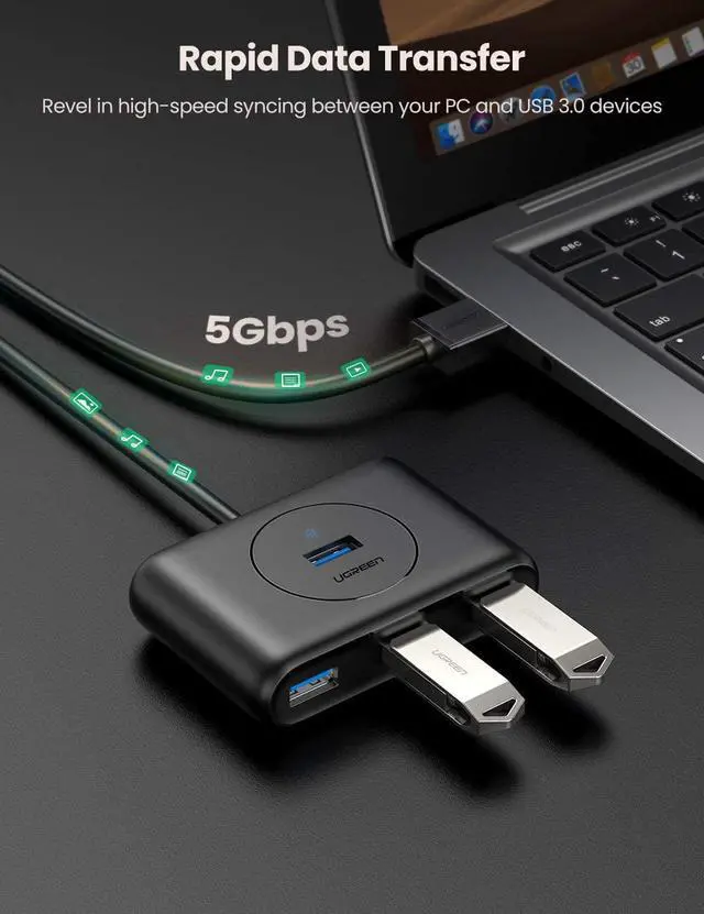 Alt view image 4 of 7 - UGREEN 4 Port USB Hub 3.0 Data Hub with 3ft Portable Extension Cable High Speed Compatible for MacBook Air Mac Mini iMac Pro Microsoft Surface Ultrabooks Black