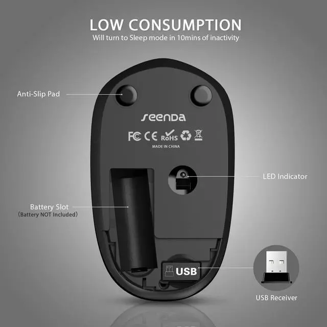 Alt view image 3 of 7 - Wireless Mouse with Nano USB Receiver - Seenda Noiseless 2.4G Wireless Mouse Portable Optical Mice Compatible for MacBook Notebook PC Laptop Computer - Black & Gold