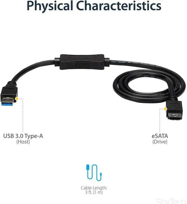 Alt view image 4 of 4 - 3 ft USB 3.0 to eSATA Adapter - 6 Gbps USB to HDD/SSD/ODD Converter - Hard Drive to USB Cable (USB3S2ESATA3)