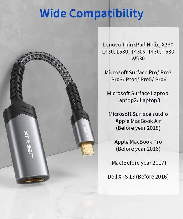 Alt view image 7 of 7 - Mini DisplayPort to HDMI Adapter Mini DP (Thunderbolt) to HDMI Adapter Nylon Braided Aluminum Shell Compatible with MacBook Air/Pro  Surface Pro/Dock Monitor Projector and More-Grey