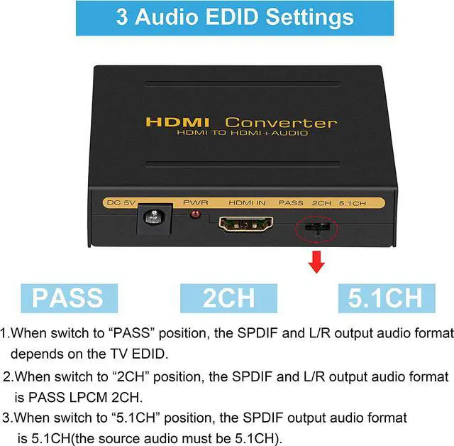 Alt view image 6 of 7 - 4K HDMI Audio Extractor Splitter avedio links 1080P HDMI to HDMI Audio Converter + Optical Toslink SPDIF + RCA L/R Stereo Analog Audio HDMI Audio Adapter for Fire Stick Blu-Ray Player