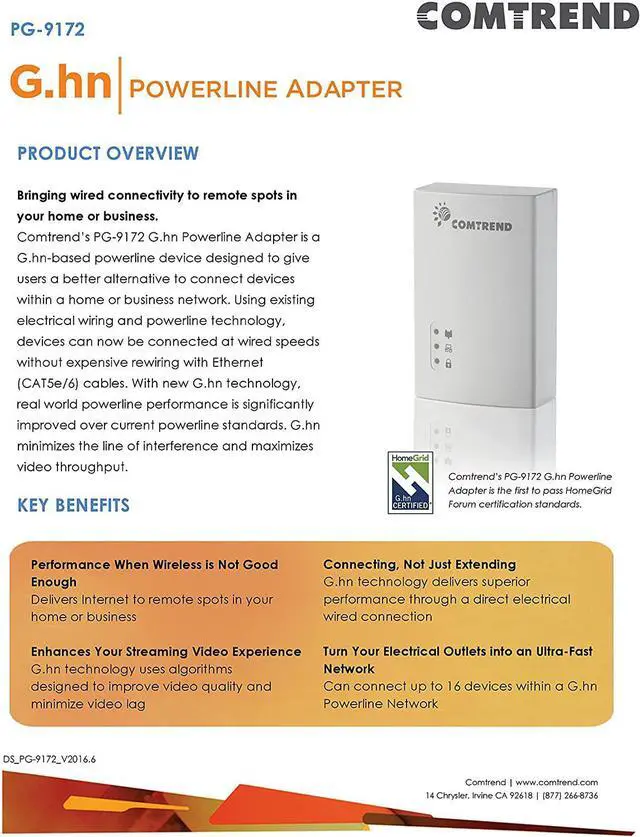 Alt view image 2 of 3 - Comtrend PG-9172 G.hn Powerline Adapter 1200 Mbps - Gigabit Port