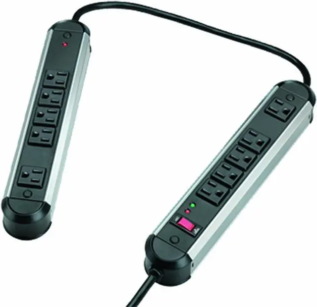 Main image of Fellowes 10-Outlet Metal Split Surge Protector, 6 Foot Cord, 1,250 Joules (99082),Black And Silver