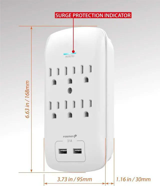 Alt view image 5 of 7 - Fosmon 6 Outlet Surge Protector 1200 Joules with 2 USB Ports Charger (3.1A), Multi Plug Outlet Extender 1875 Watt, 3-Prong Grounded Wall Tap Adapter (2 Pack)