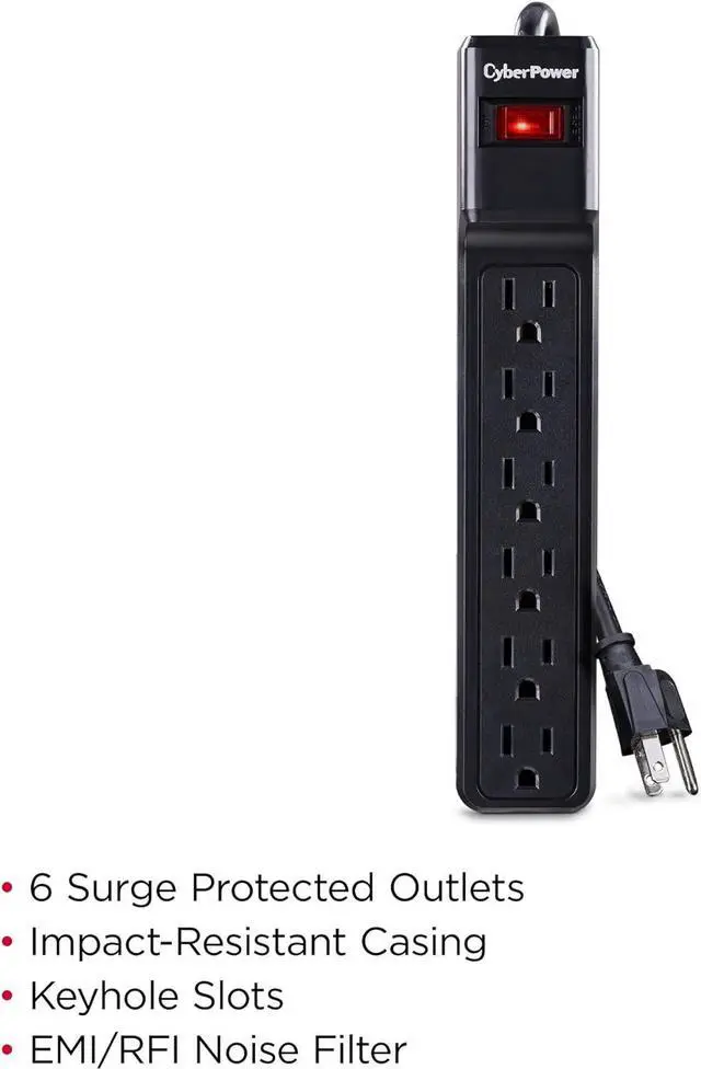 Alt view image 5 of 7 - CyberPower CSB6012 Essential Surge Protector, 1200J/125V, 6 Outlets, 12ft Power Cord, Black