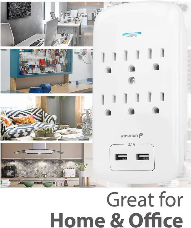 Alt view image 7 of 7 - Fosmon 6 Outlet Surge Protector 1200 Joules with 2 USB Ports Charger (3.1A), Multi Plug Outlet Extender 1875 Watt, 3-Prong Grounded Wall Tap Adapter (2 Pack)