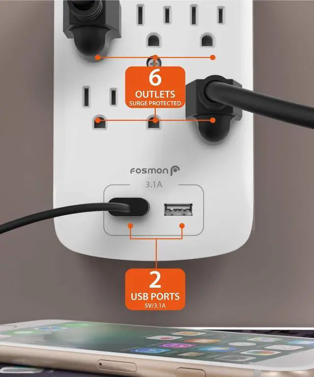 Alt view image 3 of 7 - Fosmon 6 Outlet Surge Protector 1200 Joules with 2 USB Ports Charger (3.1A), Multi Plug Outlet Extender 1875 Watt, 3-Prong Grounded Wall Tap Adapter (2 Pack)