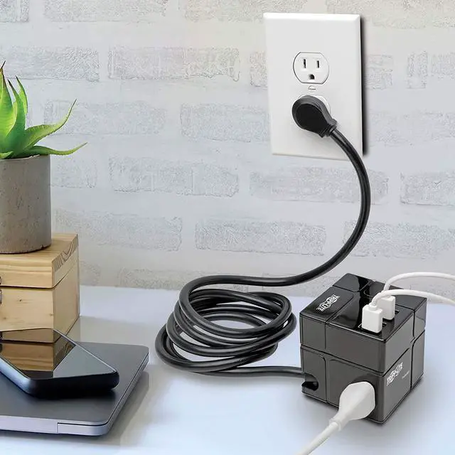 Alt view image 9 of 20 - Tripp Lite Surge Protector 3 Outlet 6 USB-A Power Cube Black TLP366CUBEUSBB