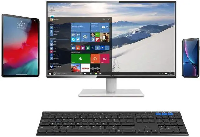 Alt view image 7 of 7 - Arteck HB192 Universal Bluetooth Keyboard Multi-Device Stainless Steel Full Size Wireless Keyboard for Windows iOS Android Computer Desktop Laptop Surface Tablet Smartphone Rechargeable Battery