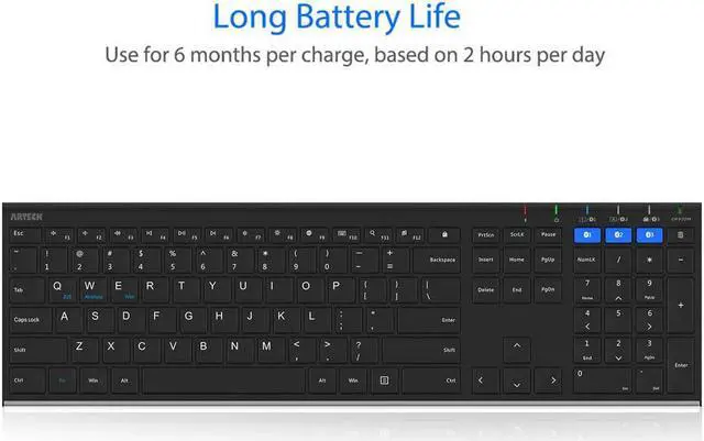 Alt view image 5 of 7 - Arteck HB192 Universal Bluetooth Keyboard Multi-Device Stainless Steel Full Size Wireless Keyboard for Windows iOS Android Computer Desktop Laptop Surface Tablet Smartphone Rechargeable Battery