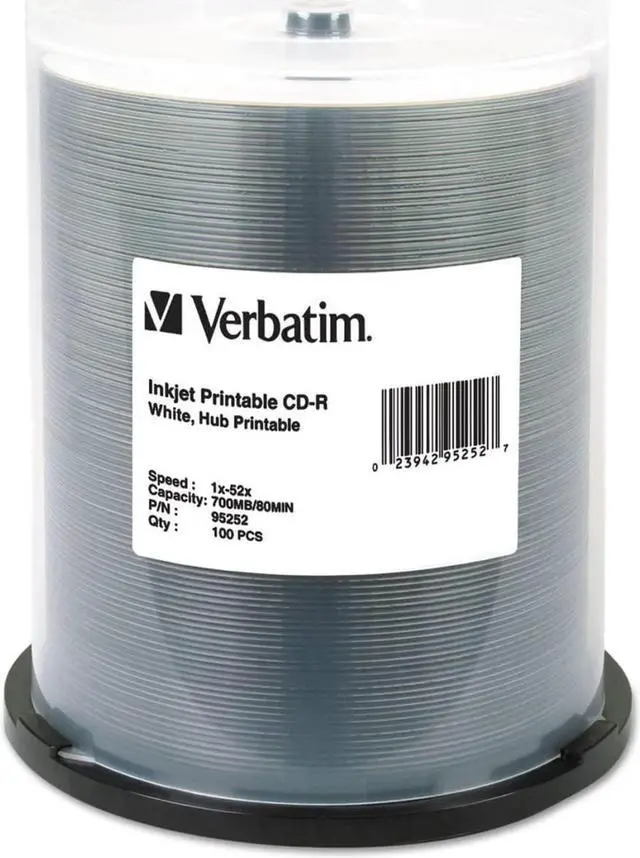 Main image of Verbatim CD-R 700MB 52X White Inkjet Hub Printable Recordable Media Disc - 100pk Spindle