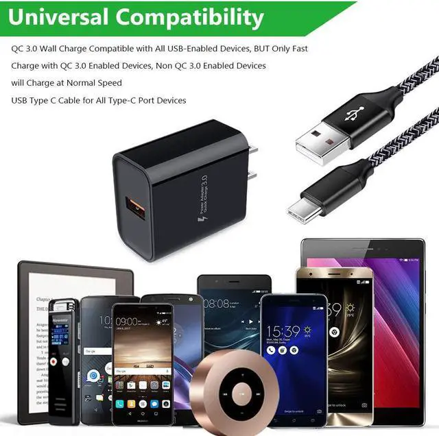 Alt view image 5 of 6 - Quick Charge 3.0 Fast Charging USB Wall Charger Plug with 6ft Type C Cable for Samsung Galaxy S24 S23 S22 Plus S21 S23 Ultra S20 FE Note20 A15 A14 A53 A13 A03S A21 A51 A12 A10E A50 A71 A32 S10 S9 S8