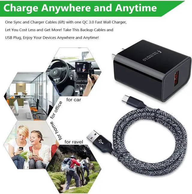 Alt view image 6 of 6 - Quick Charge 3.0 Fast Charging USB Wall Charger Plug with 6ft Type C Cable for Samsung Galaxy S24 S23 S22 Plus S21 S23 Ultra S20 FE Note20 A15 A14 A53 A13 A03S A21 A51 A12 A10E A50 A71 A32 S10 S9 S8