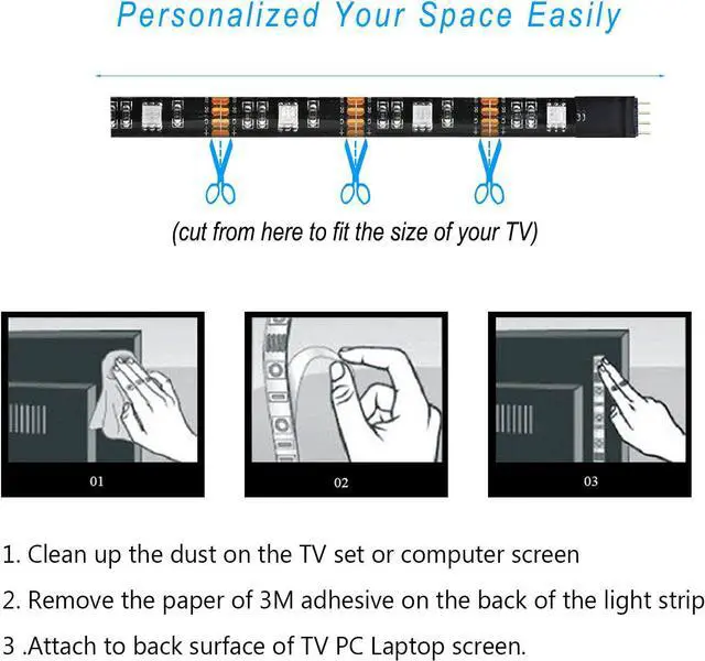 Alt view image 6 of 7 - LED TV Backlight SMY USB LED Strip Light RGB Multi-Colour LED Light Strip Kit Waterproof IP65 30LED with Wireless Remote Controller for TV/PC/Laptop Bias Lighting (3.28Ft)
