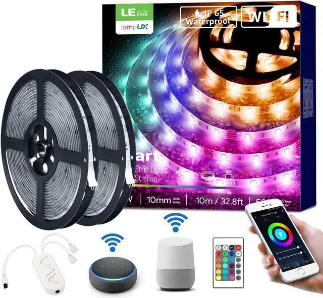 Main image of LE Waterproof Smart LED Light Strip, Work with Alexa and Google Assistant Led Lights, Support Voice/APP/Remote/in-line 4 Control Ways, 5050 SMD LEDs Brightness Dimmable LED Lights Strip (32.8ft)