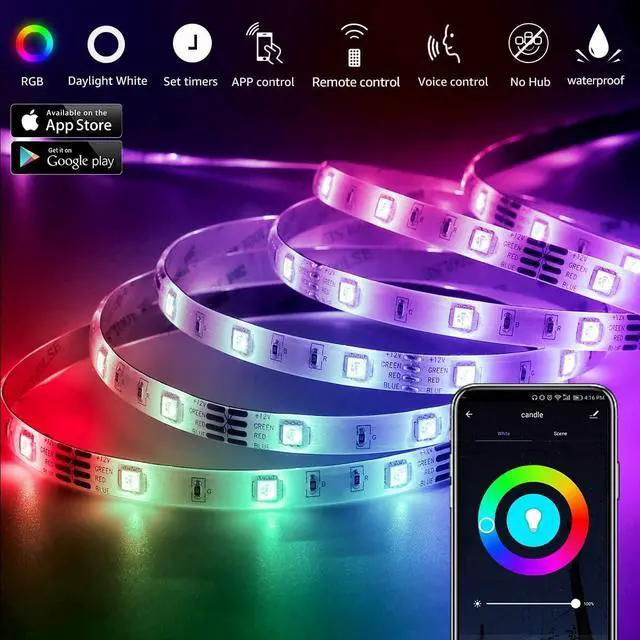 Alt view image 5 of 7 - LE Waterproof Smart LED Light Strip, Work with Alexa and Google Assistant Led Lights, Support Voice/APP/Remote/in-line 4 Control Ways, 5050 SMD LEDs Brightness Dimmable LED Lights Strip (32.8ft)