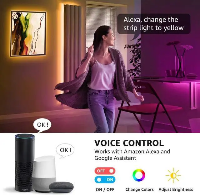 Alt view image 3 of 7 - LE Waterproof Smart LED Light Strip, Work with Alexa and Google Assistant Led Lights, Support Voice/APP/Remote/in-line 4 Control Ways, 5050 SMD LEDs Brightness Dimmable LED Lights Strip (32.8ft)