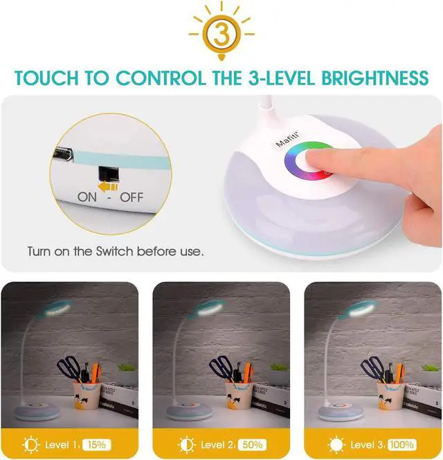Alt view image 4 of 7 - mafiti LED Desk Lamp Cordless Rechargeable Battery Operated Table Light Adjustable Gooseneck Dimmable Touch Control Color Changing RGB Eye-Caring Base Night Light for Kids with USB Charging Cable
