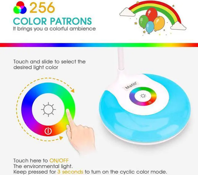 Alt view image 5 of 7 - mafiti LED Desk Lamp Cordless Rechargeable Battery Operated Table Light Adjustable Gooseneck Dimmable Touch Control Color Changing RGB Eye-Caring Base Night Light for Kids with USB Charging Cable