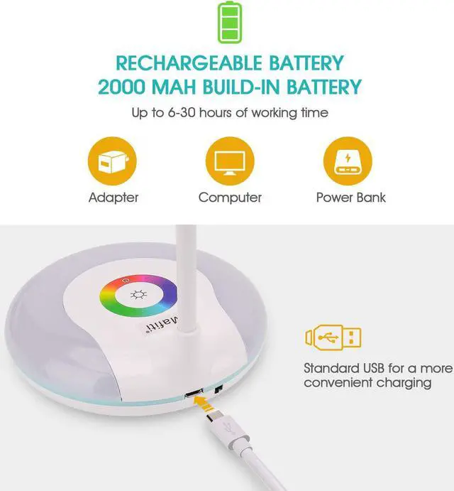 Alt view image 2 of 7 - mafiti LED Desk Lamp Cordless Rechargeable Battery Operated Table Light Adjustable Gooseneck Dimmable Touch Control Color Changing RGB Eye-Caring Base Night Light for Kids with USB Charging Cable