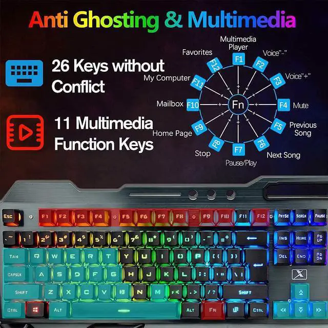 Alt view image 5 of 7 - Wireless Gaming Keyboard Mouse Bluetooth Headset Kit with 16 RGB Backlit Rechargeable Battery Metal Mechanical Ergonomic Waterproof Dustproof Removable Palm Rest for Laptop PC Gamer(Rainbow RGB)