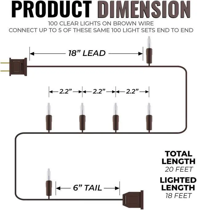 Alt view image 2 of 7 - 612 Vermont 100 Clear Mini Christmas String Lights on Brown Wire Cord, UL Approved for Indoor/Outdoor Use, 18 Foot of Lighted Length, 20 Foot of Total Length
