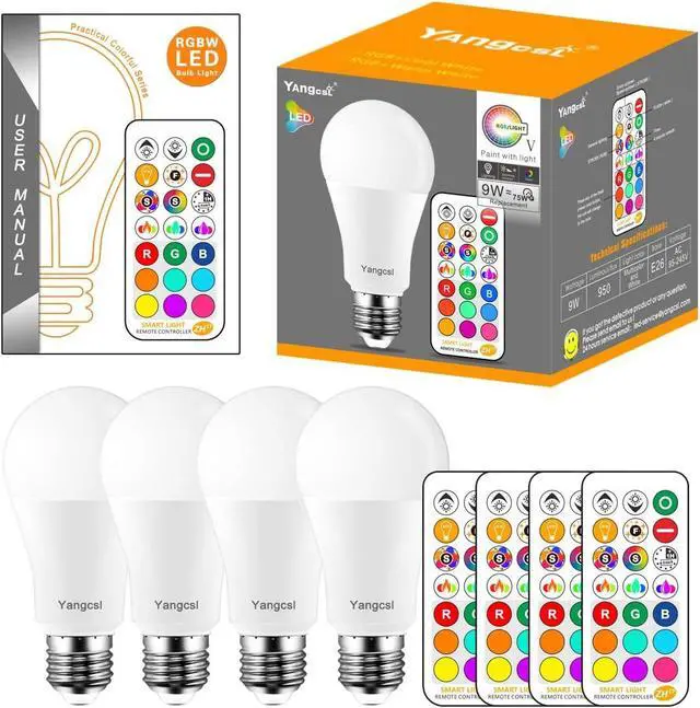 Alt view image 7 of 7 - Yangcsl LED Light Bulbs 85W Equivalent 1200lm RGB Color Changing Light Bulb 6 Moods - Memory - Sync - Dimmable A19 E26 Screw Base Timing Remote Control Included (Pack of 4)
