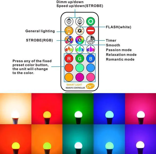 Alt view image 4 of 7 - LED Light Bulb 85W Equivalent Color Changing Light Bulbs with Remote Control RGB 6 Modes Timing Sync Dimmable E26 Screw Base (2 Pack)