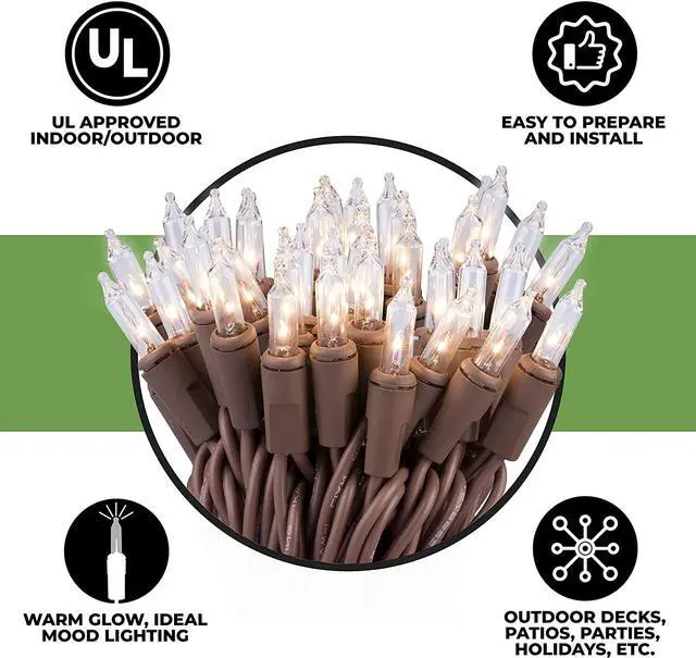 Alt view image 4 of 7 - 612 Vermont 100 Clear Mini Christmas String Lights on Brown Wire Cord, UL Approved for Indoor/Outdoor Use, 18 Foot of Lighted Length, 20 Foot of Total Length