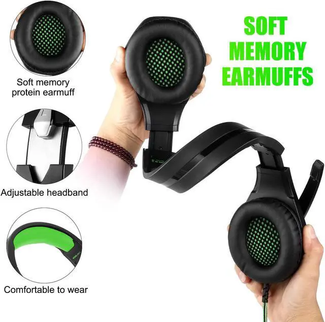 Alt view image 5 of 7 - DIWUER Stereo Gaming Headset for Nintendo Switch, PS4, Xbox One with Noise Cancelling Mic, Soft Earmuffs Surround Sound Over Ear Headphones with LED Light for PC (Green)