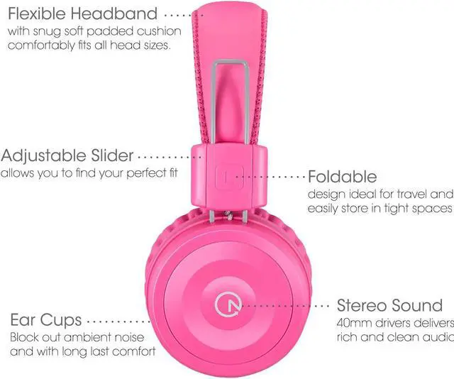 Alt view image 2 of 5 - noot products K22 Kids Headphones Wired 3.5mm Jack, Foldable, Flamingo Pink | Stereo Tangle-Free 5ft Long cord, Plug-in, On-Ear Headset for Children, Boys, Girls, iPad, School, Kindle, Travel, Plane