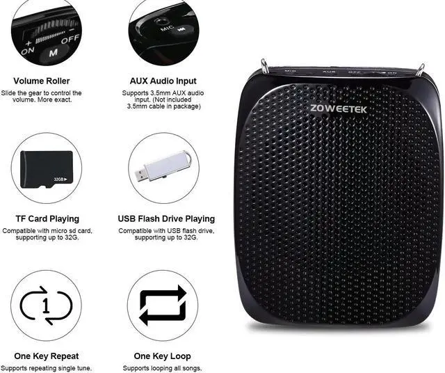 Alt view image 5 of 7 - Zoweetek Portable Rechargeable Mini Voice Amplifier with Wired Microphone Headset and Waistband Supports MP3 Format Audio for Teachers Singing Coaches Training Presentation Tour Guide