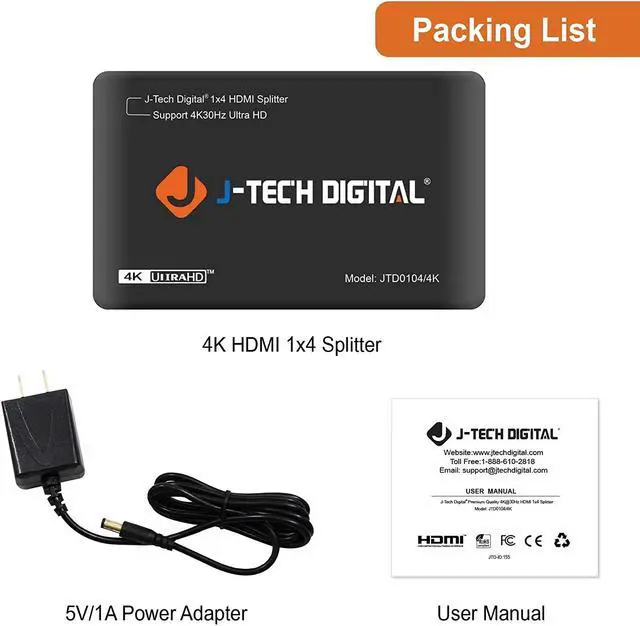 Alt view image 12 of 12 - J-Tech Digital JTD0104/4K Most Advanced 4 Ports HDMI 1X4 Powered Splitter Support Ultra HD 4K 3840 A 2160 Resolution and 3D