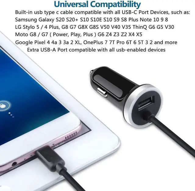Alt view image 6 of 7 - Fast Car Charger for Samsung Galaxy S25 S24 S23 S22 S21 S20 Note 20 S10 S9 S8 A16 A25 A35 A54 A14 A53 A13 Z Fold 6 5 4 Z Flip 6 5 4,3.4A USB C Car Adapter with Built-in 3ft Type C Fast Charging Cable