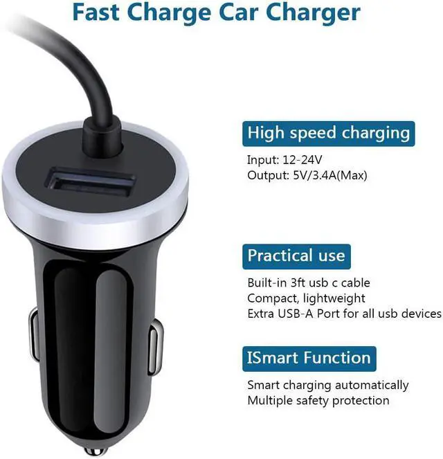 Alt view image 3 of 7 - USB C Car Charger 3.4A Fast Charging Car Adapter+3ft Type C Cable for  Galaxy S25 S24 S23 S22 S21 S20 S10 Note 20 A10E A20 A50 A51 A71 LG Stylo 6/5/4 G7 V60 ThinQ Moto G8 G7 Google Pixel 4 3a