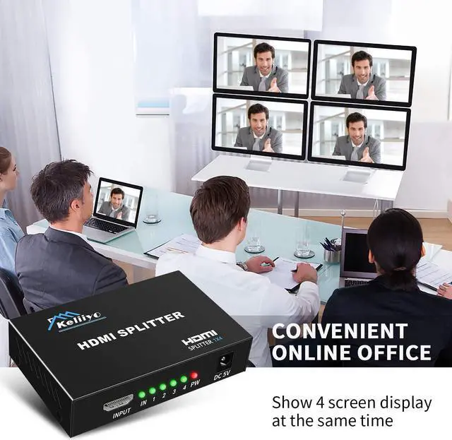 Alt view image 7 of 7 - HDMI Splitter 1 in 4 Out V1.4b Powered HDMI Video Splitter with AC Adaptor Duplicate/Mirror Screen Monitor Supports Ultra HD 1080P 2K x4K@30Hz and 3D Resolutions (1 Input to 4 Outputs)