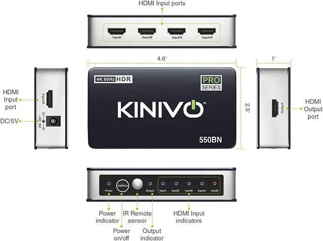 Alt view image 4 of 7 - Kinivo 550BN 4K HDMI Switch with IR Wireless Remote (5 Port 4K 60Hz HDR HDMI 2.0 High Speed-18Gbps Auto-Switching)