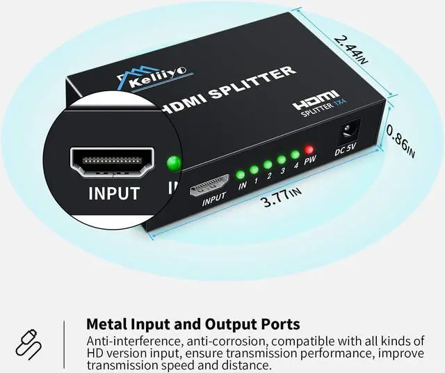 Alt view image 6 of 7 - HDMI Splitter 1 in 4 Out V1.4b Powered HDMI Video Splitter with AC Adaptor Duplicate/Mirror Screen Monitor Supports Ultra HD 1080P 2K x4K@30Hz and 3D Resolutions (1 Input to 4 Outputs)