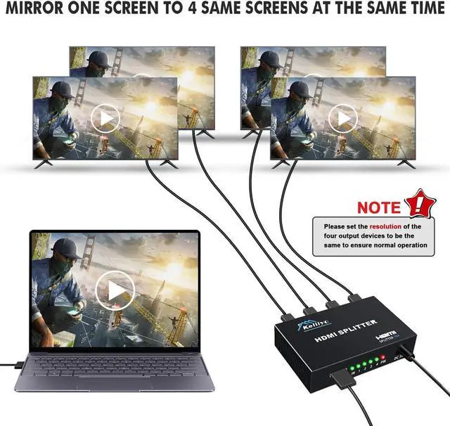 Alt view image 2 of 7 - HDMI Splitter 1 in 4 Out V1.4b Powered HDMI Video Splitter with AC Adaptor Duplicate/Mirror Screen Monitor Supports Ultra HD 1080P 2K x4K@30Hz and 3D Resolutions (1 Input to 4 Outputs)