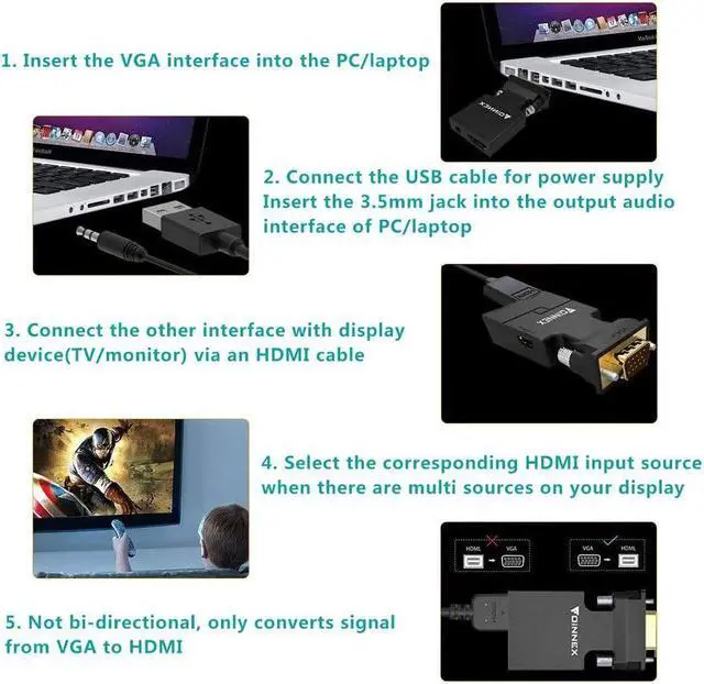 Alt view image 4 of 7 - VGA to HDMI Adapter Converter with Audio,(PC VGA Source Output to TV/Monitor with HDMI Connector),FOINNEX Active Male VGA in Female HDMI 1080p Video Dongle adaptador for Computer,Laptop,Projector, TV