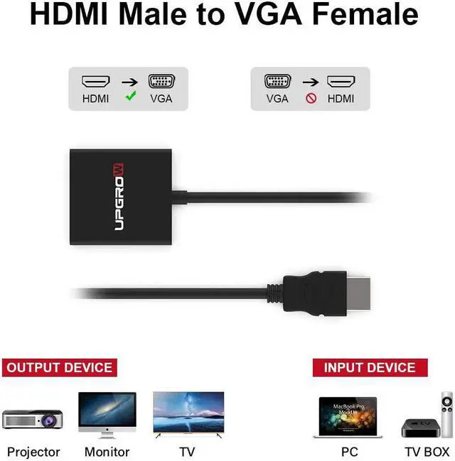 Alt view image 3 of 7 - UPGROW HDMI to VGA Adapter HDMI Male to VGA Female Converter Support Computer Desktop Laptop PC Monitor Projector HDTV Chromebook Xbox and More Model Number: UPGROWHMVF01