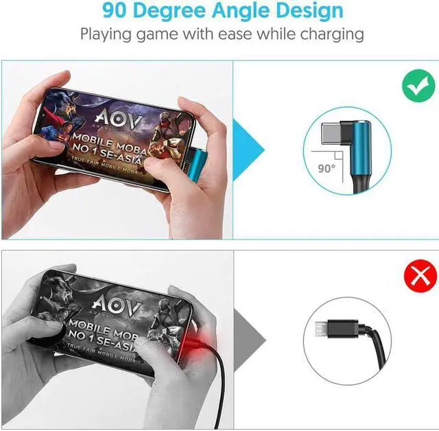 Alt view image 2 of 7 - geekboy Type C Cable 90 Degrees Right Angle [3-Pack 10ft] Nylon Braided USB A to USB C Fast Charger Cord for Samsung S21 S20 S10 S10e S9 S8 Plus,Note 10 9 8, LG V30 V20-3 Pack, Cyan