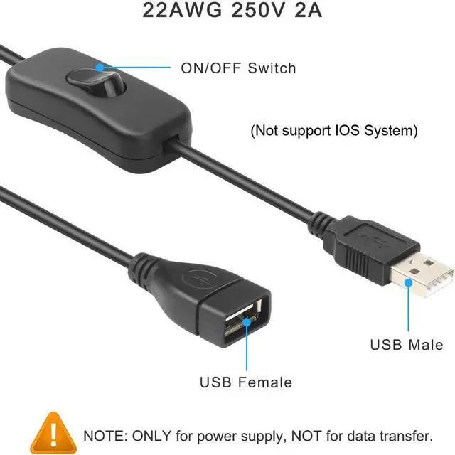 Alt view image 2 of 4 - Electop 2 Pack Male to Female USB Cable with On/Off Switch, USB Extension Inline Rocker Switch for Driving Recorder, LED Desk Lamp, USB Fan, LED Strips