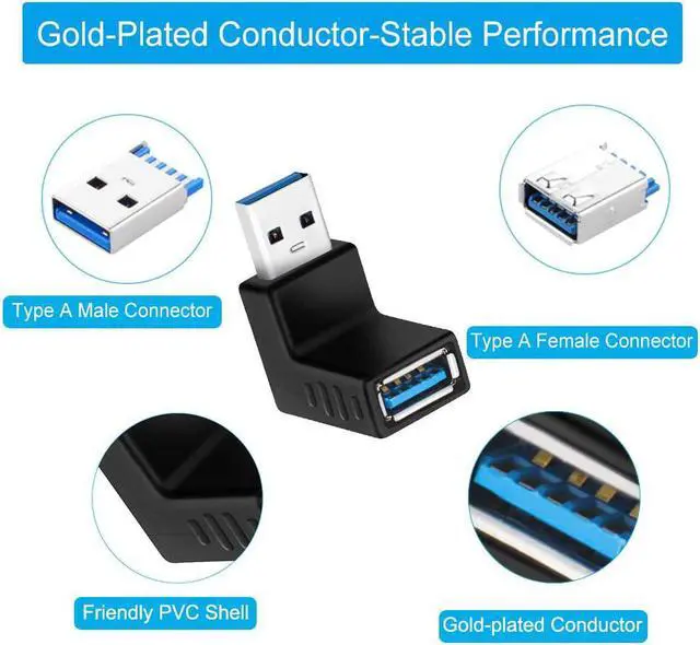 Alt view image 6 of 7 - 90 Degree USB 3.0 Adapter 6 Pack - Right Angle Male to Female Up/Down/Left/Right Connector - L Shaped Extension for PC Laptop Charger and More