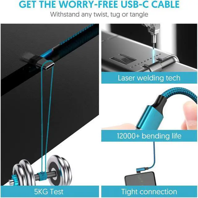 Alt view image 3 of 7 - geekboy Type C Cable 90 Degrees Right Angle [3-Pack 10ft] Nylon Braided USB A to USB C Fast Charger Cord for Samsung S21 S20 S10 S10e S9 S8 Plus,Note 10 9 8, LG V30 V20-3 Pack, Cyan