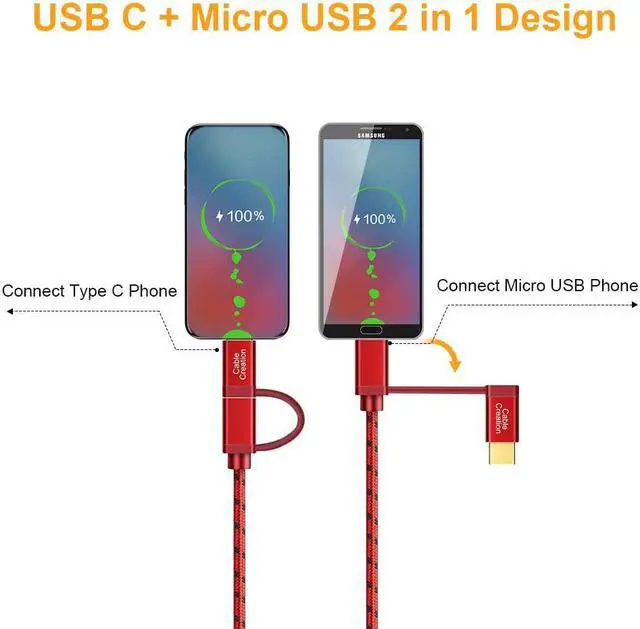 Alt view image 2 of 7 - CableCreation Micro USB & Type C to USB 2.0 Female Adapter Cable, 0.6ft Short OTG (on-the-go) Cable Compatible with Pixel 3XL 2XL, Galaxy S20/S10/S9/S8, Android and Type C devices, 0.18M /Red Aluminum