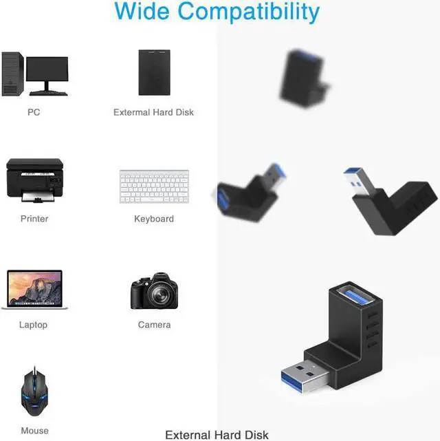 Alt view image 2 of 7 - 90 Degree USB 3.0 Adapter 6 Pack - Right Angle Male to Female Up/Down/Left/Right Connector - L Shaped Extension for PC Laptop Charger and More