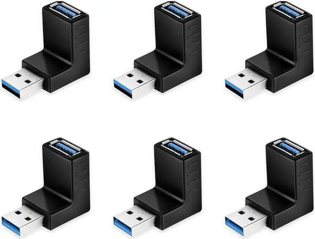 Main image of 90 Degree USB 3.0 Adapter 6 Pack - Right Angle Male to Female Up/Down/Left/Right Connector - L Shaped Extension for PC Laptop Charger and More