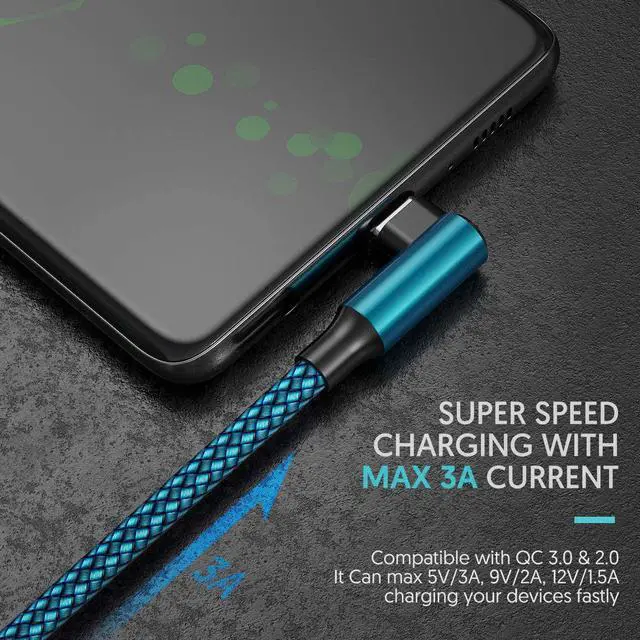 Alt view image 4 of 7 - geekboy Type C Cable 90 Degrees Right Angle [3-Pack 10ft] Nylon Braided USB A to USB C Fast Charger Cord for Samsung S21 S20 S10 S10e S9 S8 Plus,Note 10 9 8, LG V30 V20-3 Pack, Cyan