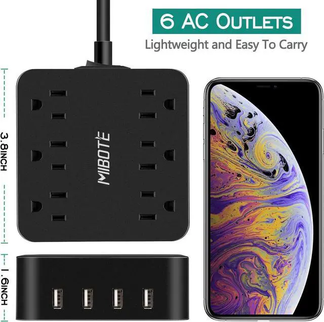 Alt view image 3 of 6 - Power Strip with USB, MIBOTE 6 AC Outlet with 4 Port USB Surge Protector Power Strip Charger 5ft Power Cord 1875W 100-240V for Travel, TV, Computer, Transformers, Power Bank